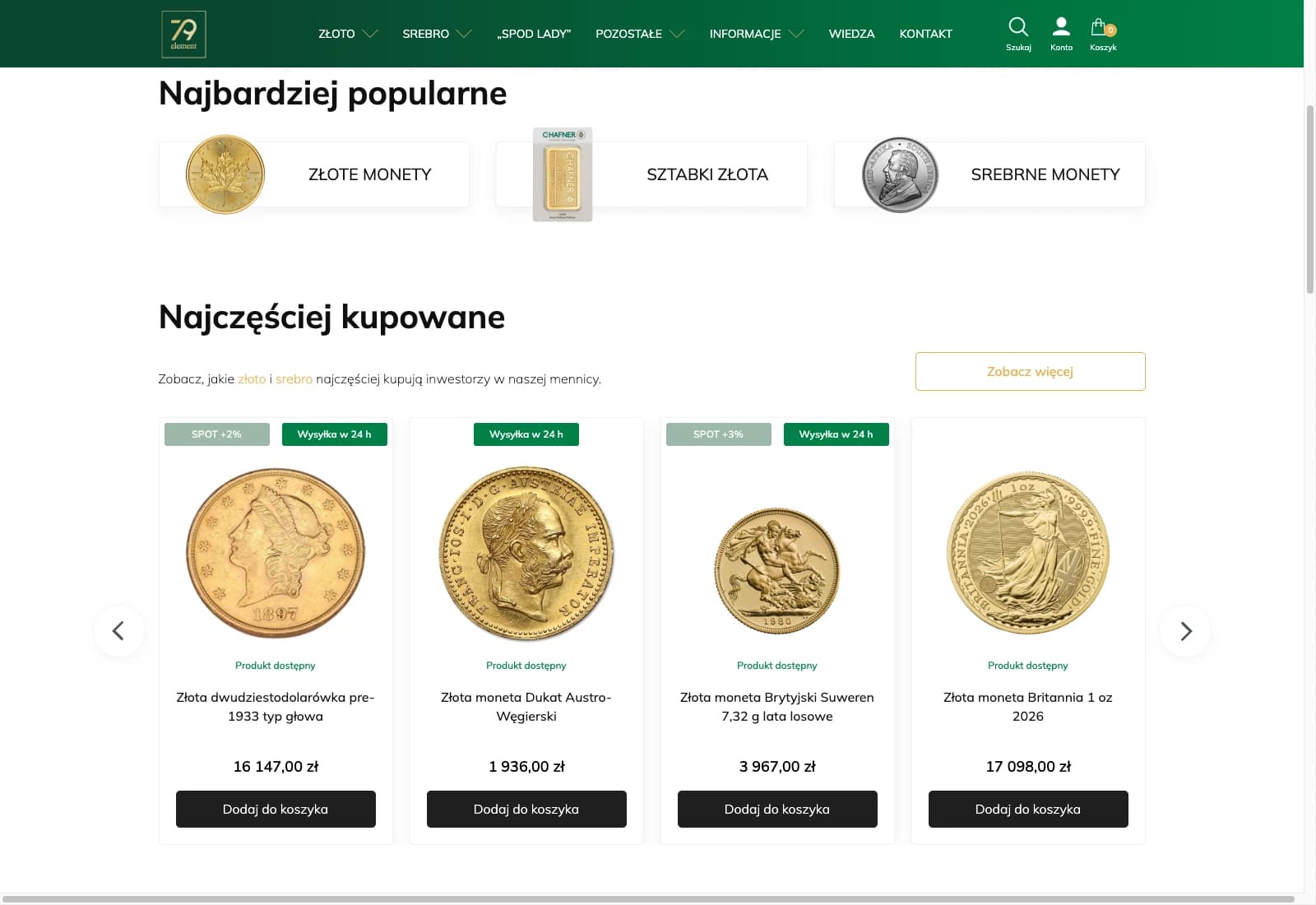 Strona główna Mennicy 79 Element: kategorie złota i srebra oraz najczęściej kupowane monety
