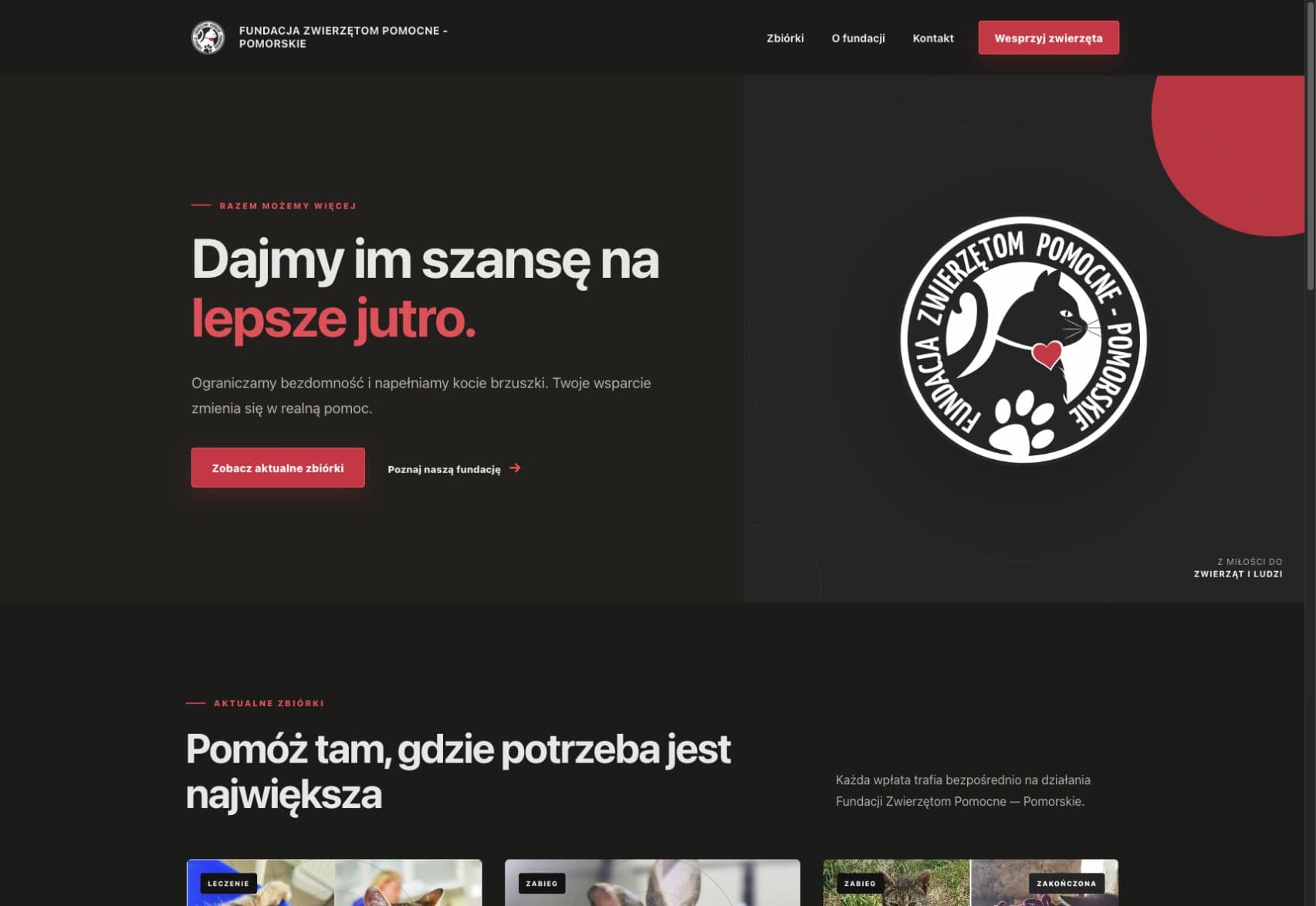 Strona Fundacji Zwierzętom Pomocne z aktualnymi zbiórkami i wezwaniem do wsparcia