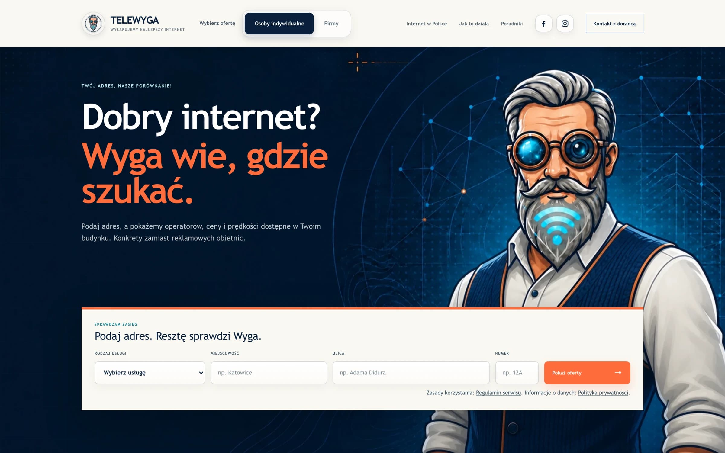 Strona główna Telewyga z formularzem sprawdzania dostępności internetu pod wskazanym adresem
